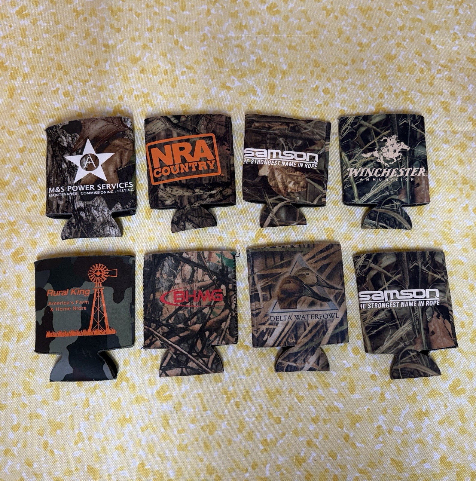 Lot of 8 Camouflage Insulated Can Coolers / Koozies/Coozies W/Misc. Logos