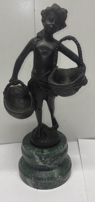 ''Girl With Two Baskets'' Bronze Art Sculpture on Marble Base by Susan Bizard
