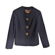 Tory Burch Navy Lined Stretch Button-Front Sh...
