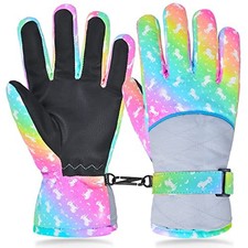 Kids Gloves Winter Waterproof Snow Ski Gloves Medium  7-11Year  Rainbow Unicorn