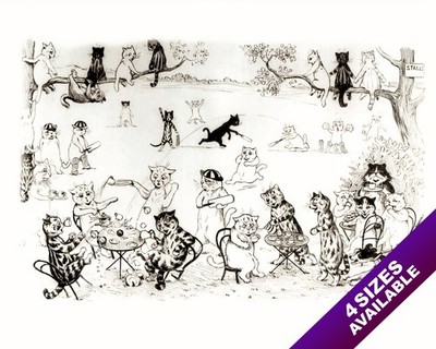 CARTOON SKETCH OF SOCIAL CATS PLAYING PAINTING CAT FELINE ART REAL CANVAS PRINT