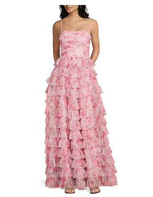 B Darlin Juniors' Floral Ruffle-Tiered Straight-Neck Gown/New/Size 11/12