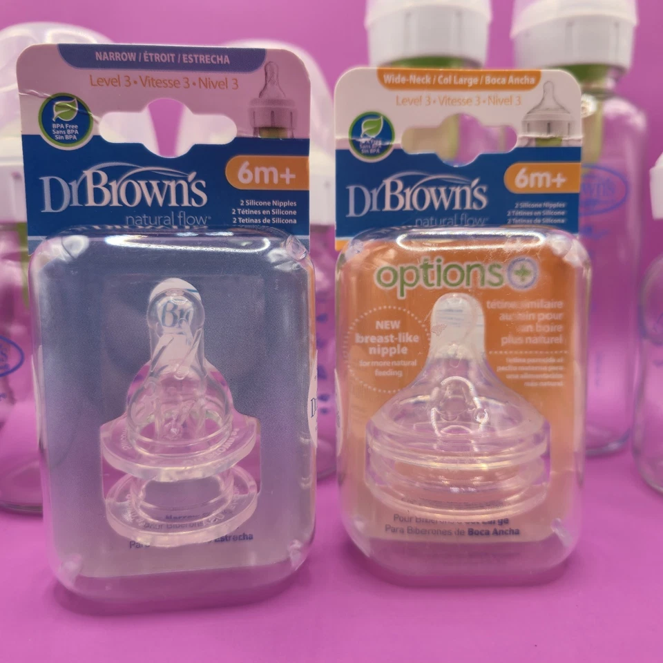 Стеклянные бутылки против колик Dr. Brown's 5 шт. и 2 упаковки нераспечатанные соски - Изображение 3 из 4