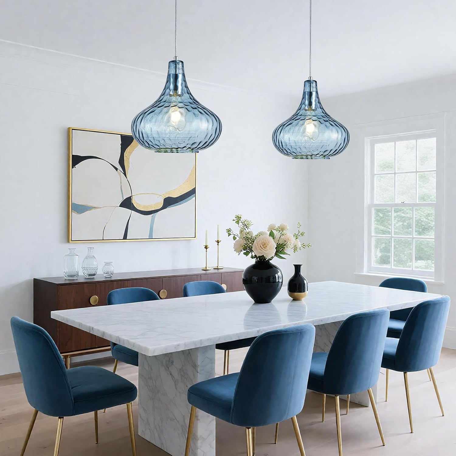 Blue Hammered Glass Pendant Light - Brushed Nickel Industrial Fixture 11