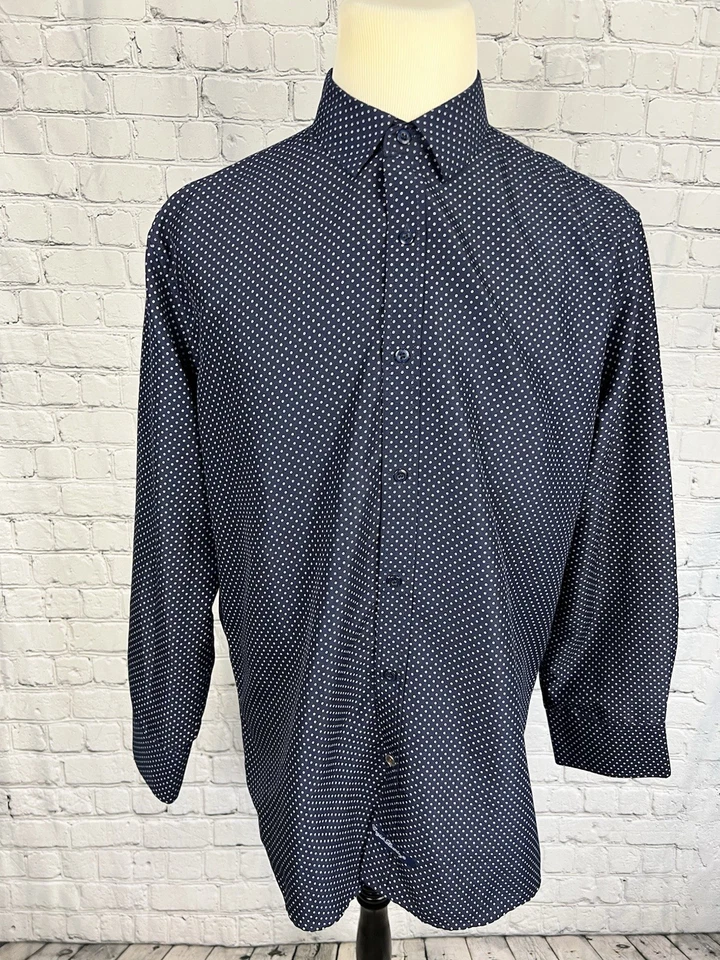 Camisa de vestir inglesa de lavandería para hombre L 16 1/2 34/35 azul, lunares blancos, poliéster Foto 3 de 4