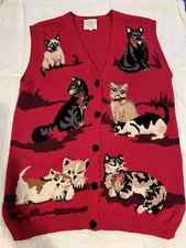 Vintage Cat sweater vest Susan Bristol Y2K 1995 Red Medium