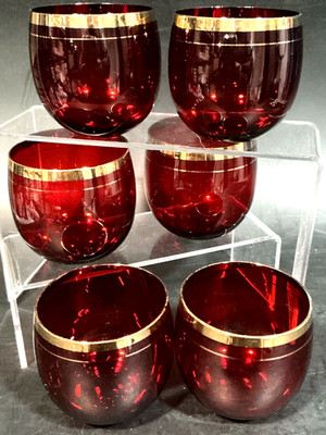 Vintage Cranberry Glass Roly Poly Juice Cocktail Glass Gold Rim Set 6 Red MCM