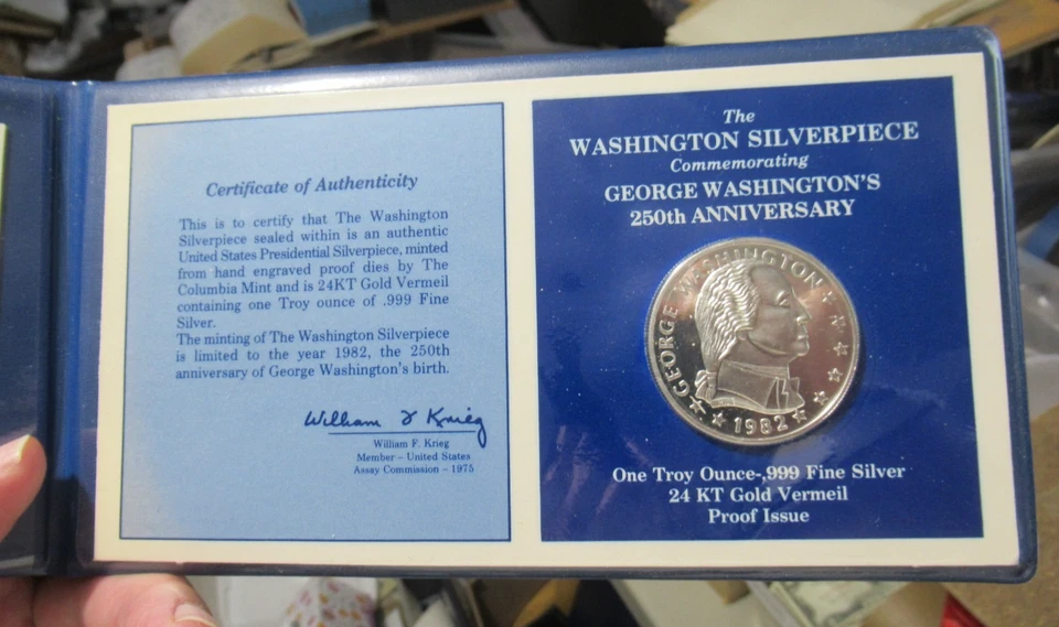 1982 Colombia Mint George Washington 250th Anniv. 1 Oncia 999 Argento Rotondo W/ - Immagine 2 di 4