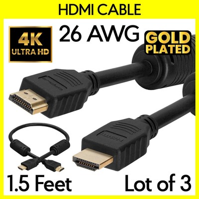 3x 1.5FT HDMI Male to Male Cable 28AWG Cord Ferrite Cores 4K 1080p Monitor HDTV