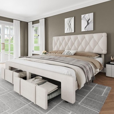 Full/Queen/King Size Bed Frame w/ Storage Drawer Upholstered Headboard Platform
