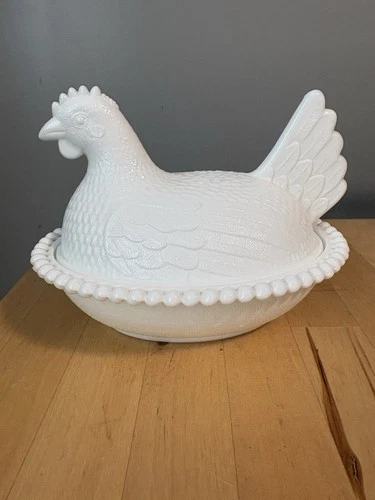 Vintage Indiana Glass White Milk Glass Hen On Nest Candy Dish 7"