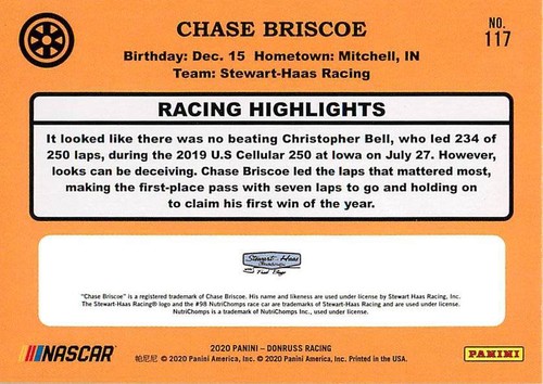Chase Briscoe 117 2020 Donruss Racing NASCAR Retro 1987 - Picture 2 of 2
