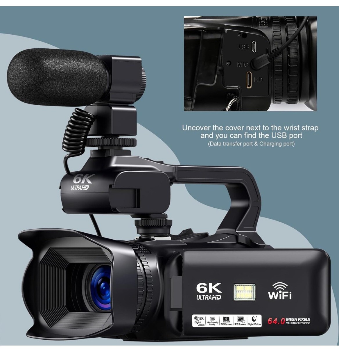6K 64MP Video Camera Camcorder, 18X Digital Zoom IR Night Vision