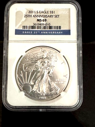 2011 S SILVER EAGLE NGC MS69 FROM THE 25TH ANNIVERSARY SET LABEL