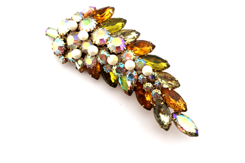 Vintage ALICE CAVINESS Gold Plated Citrine Color Rhinestones Leaf Shape Brooch - Picture 2 of 6