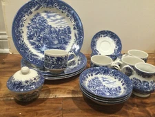 Service for 4 -19p sugar creamer dinner bowls  CURRIER & IVES CHURCHILL ENGLAND 