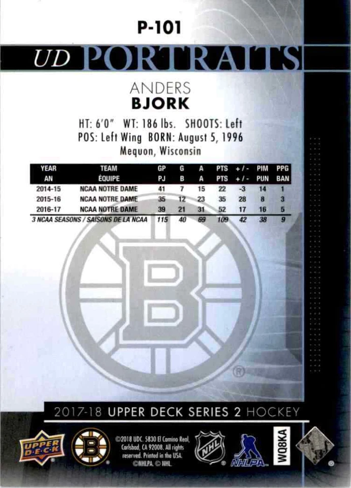 2017-18 Upper Deck UD Portraits Anders Bjork RC #P-101 - Image 2 of 2