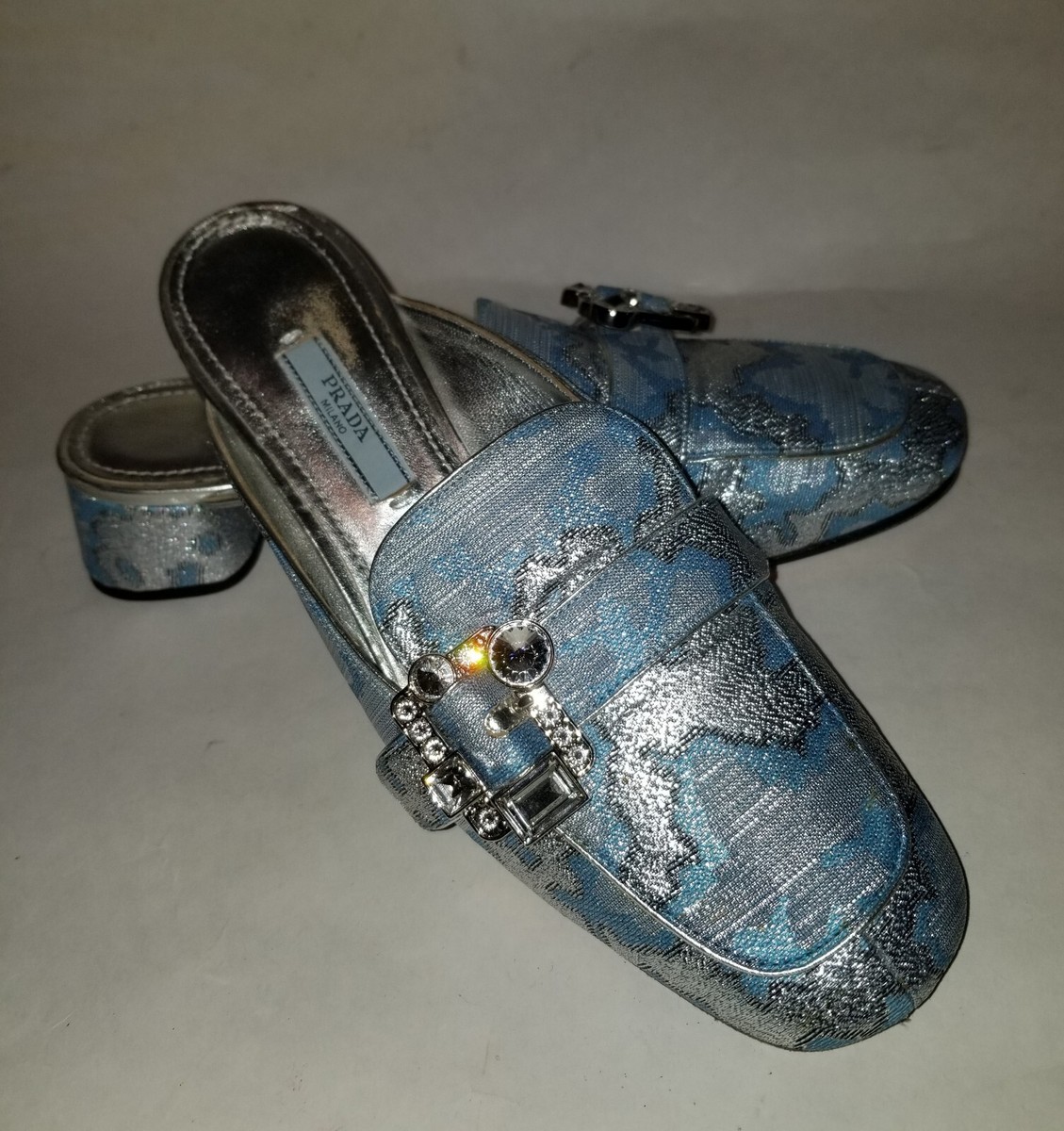Prada Brocade Baby Blue Silver Swarovski Crystals Slides