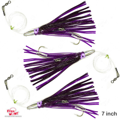 3pcs Fish WOW! 7'' Fishing Bullet Jet Chrome Head Rig  Trolling Lure Purple Black