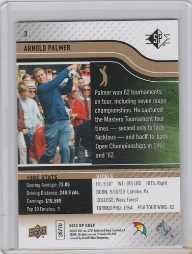 2012 SP Authentic Arnold Palmer #3 GOLD RARE IN GOLD COLOR !!! - Picture 2 of 2