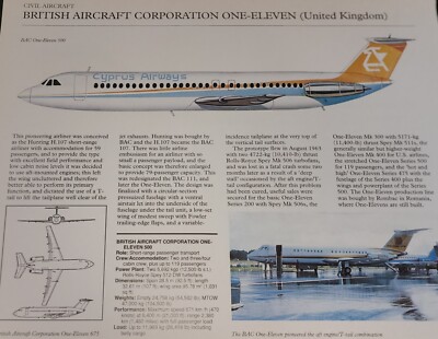 BAC One Eleven Aircraft Picture Out of Print Article Spec Sheet Wall Art Decor