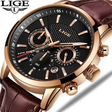 LIGE Men's Watch Quartz Chronograph Luminous Leather Band Waterproof Wristwatch