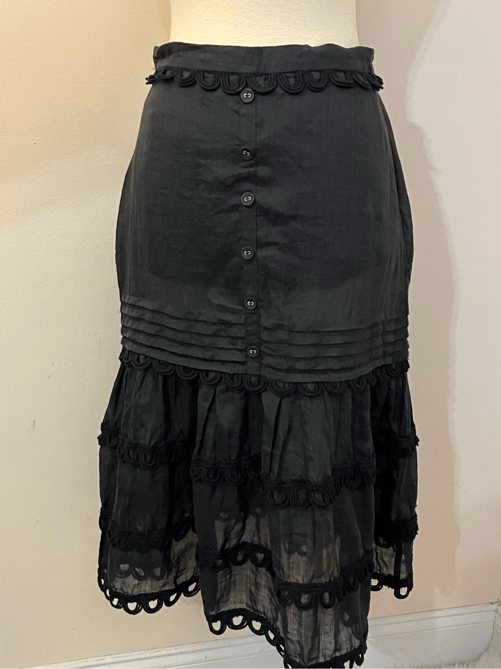 Stevie May Black Cotton Tiered Midi Skirt Crochet S NEW