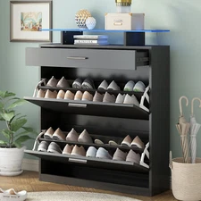 LED Shoe Storage Cabinet Free Standing Shoe Rack with 2 Flip Drawers & Top Shelf