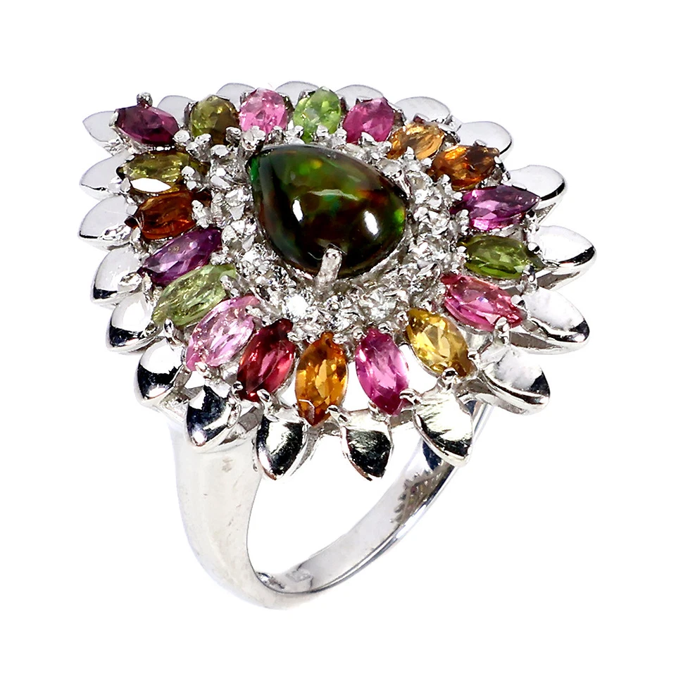 925 Sterling Silver Ring Pear Black Opal Tourmaline Topaz Gemstone Jewelry Sz 7 - Image 2 of 4
