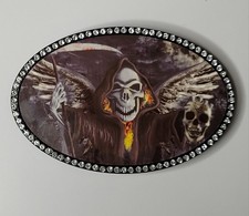 Grim Reaper 4" BELT BUCKLE Oval "Angel of Death" Fly Fresh rhinestones skull