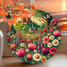8x8 Inch Vintage Spring Garden Tulips Daisies Castle Aluminum Wall Art