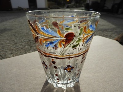 c1800 BECHERGLAS Glashütte Freudenthal? Becher Emailmalerei geblasen mit Sprünge