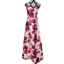 Windsor Floral Ivory Burgundy Roses Print Ball Gown Formal Dress Size 5