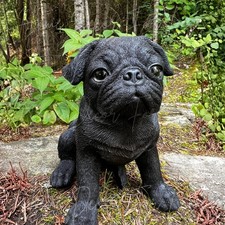 Realistic Sitting Black Pug Puppy Dog Garden Statue Lifelike Sculpture 8"H