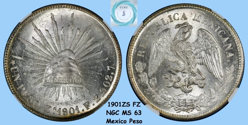 1901 ZS FZ México Plata Un Peso NGC MS63 KM #409.3 - ¡¡Champagne Luster!!! Foto 4 de 4