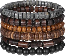 Wooden Mens Beaded Bracelets 6 PCS Adjustable Elasticity Rope Vintage... 
