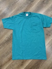 Vintage Pocket T Shirt Blank JERZEES Heavyweight Teal made in USA Cotton Blend