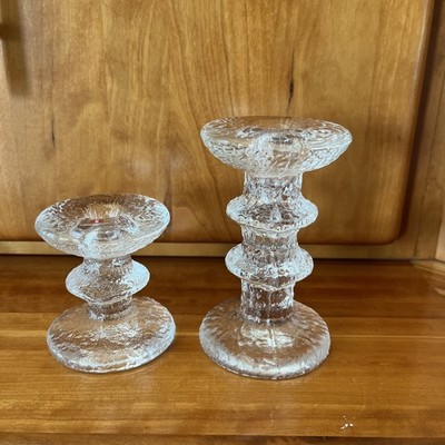 2 Vintage IITTALA FESTIVO 1 & 2-Ring Glass Candle Holders TIMO FINLAND 5'' & 3''