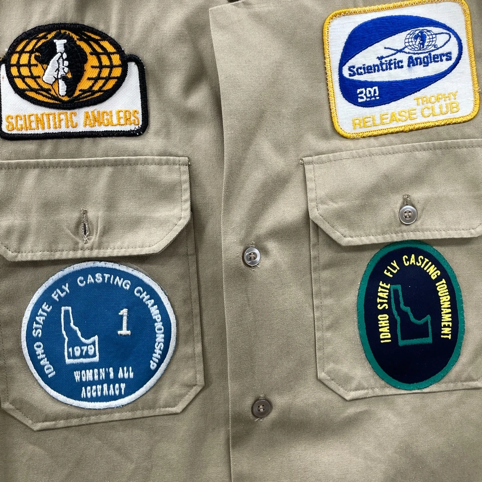 Vintage 1979 Fly Fishing Shirt Women's Brown Twill Patches Embroidered Champion - Image 3 of 4