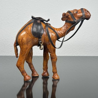 Vintage Leather Wrapped Standing Camel with Saddle Figurine 7'' x 7 