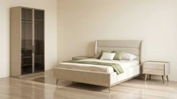 Schlafzimmer Set Beige Modern Luxus Bett Kleiderschrank 2X Nachttische