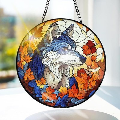 Wolf Stained Glass Suncatcher for Indoor Window or Doorway Decoration 7.8 in