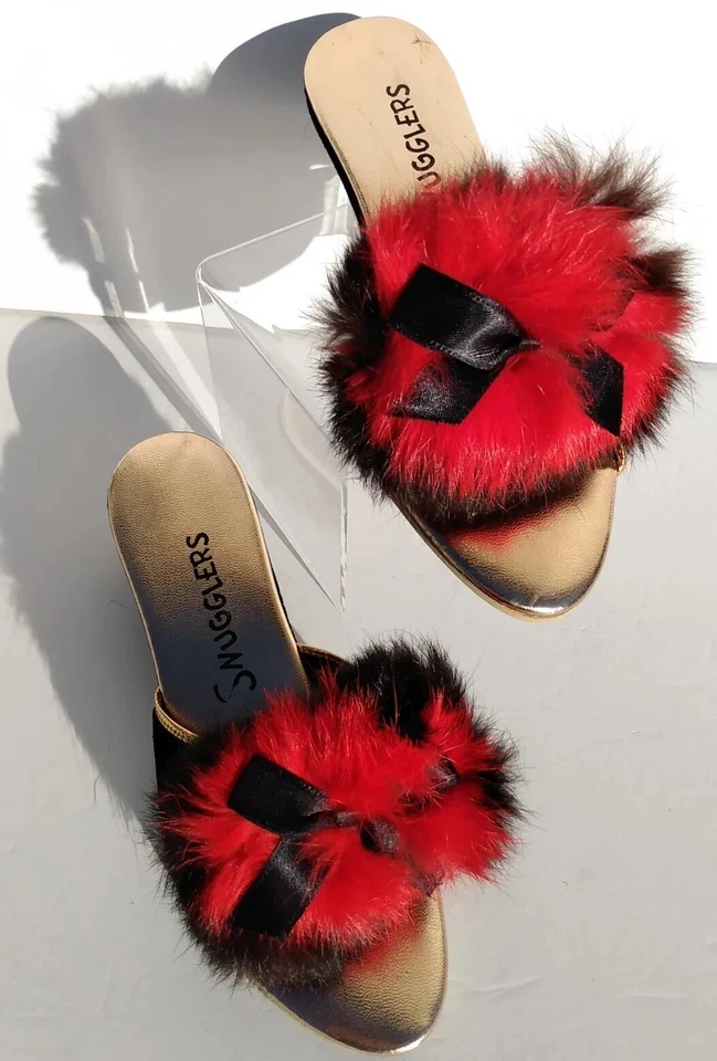 Vtg 50s SNUGGLERS black red gold slippers pinup mules VELVET FUR BOWS heels NOS