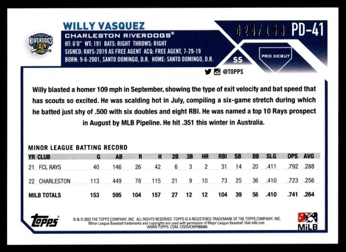 2023 Topps PRO DEBUT WILLY VASQUEZ LÁMINA FUCSIA 24/199 PD-41 - Imagen 2 de 2