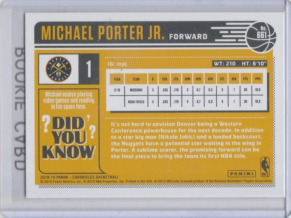 MICHAEL PORTER JR. ROOKIE CARD Denver Nuggets 2018 Classics Basketball NBA RC! - Image 2 of 2