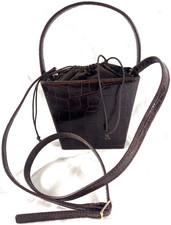 Staud Brown Croc Embossed Leather Drawstring Bucket Bag