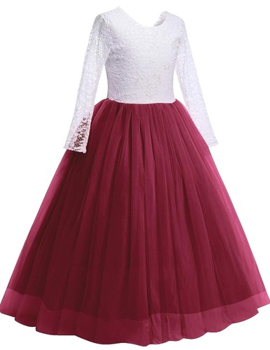 white and burgundy flower girl dress Burgundy Floral Embroidered Flower Girl Dress – White Lace 7/8 main image 0