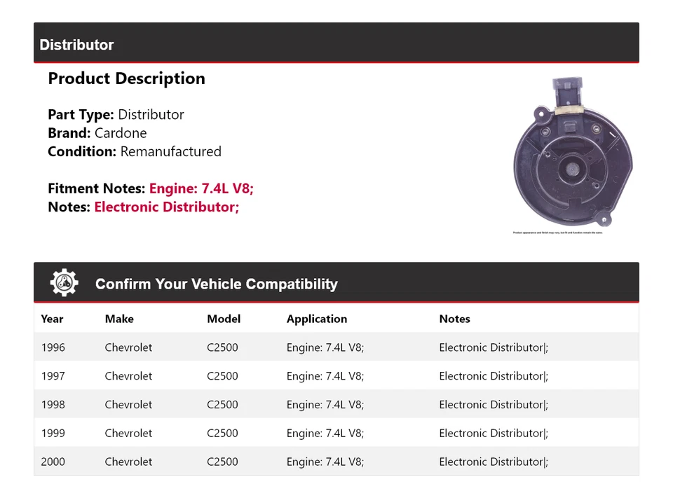 Para 1996-2000 Chevrolet C2500 7.4L V8 Distribuidor Cardone 1997 1998 1999 - Imagem 2 de 4