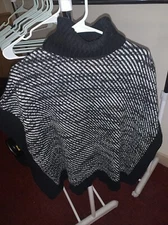 Michael Kors Black White Knit Sweater Poncho shawl  Cape Pull Over S