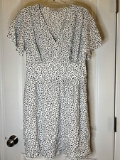 Loft White Dress With Black Floral Pattern Smocked Waist Back Size 10